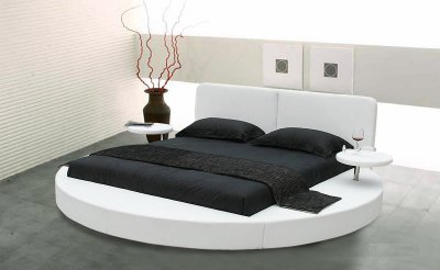 Choice of White or Black Leatherette Round Bed w/Side Shelves