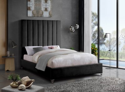 Via Upholstered Bed in Black Velvet Fabric by Meridian