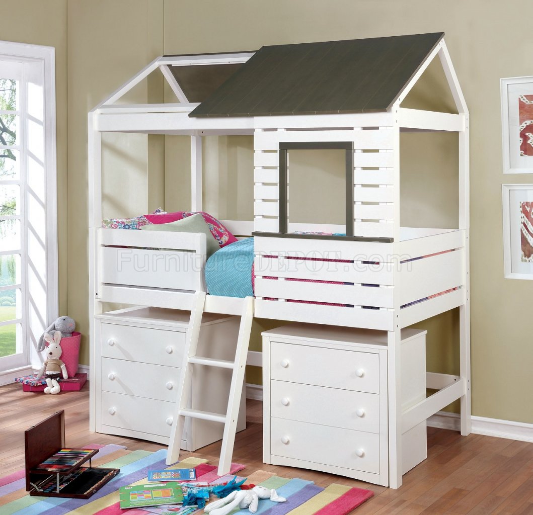 Farem CM7137 Twin Size Youth House Bed in White & Grey w/Options - Click Image to Close