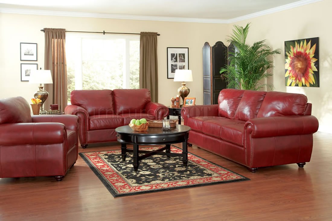 Burgundy Full Leather Traditional Living Room W Options