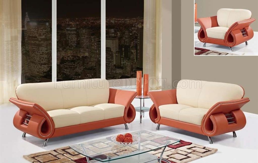 U559 Living Room Sofa Set In Beige, Leather Orange Sofa