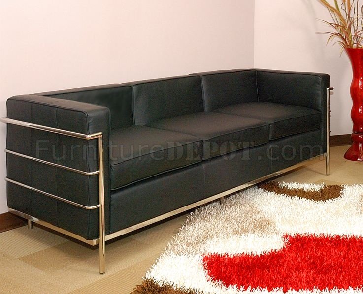 Le Corbusier Style Grande Sofa in Black Leather w/Free Ottoman - Click Image to Close