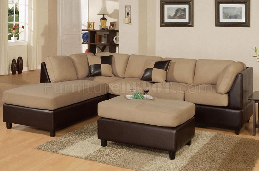 Hazelnut Microfiber Plush Contemporary Sectional Sofa w/Ottoman - Click Image to Close