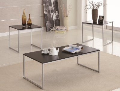 Silver Tone Metal Base & Wood Top Modern 3Pc Coffee Table Set