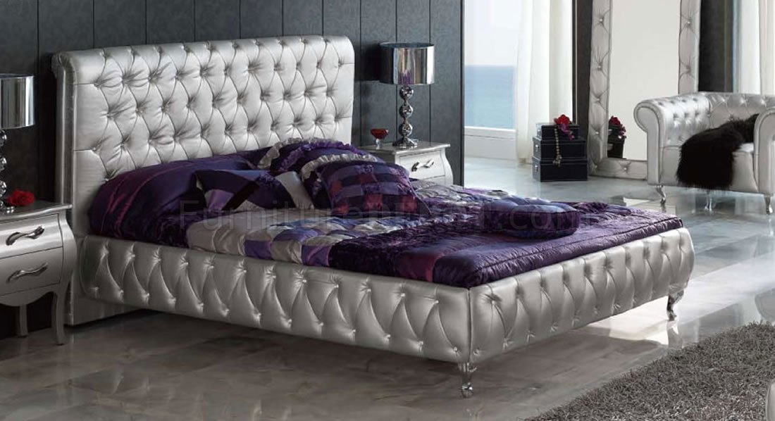 Silver Tufted Leatherette 9pc King Size, Contemporary King Size Bedroom Sets