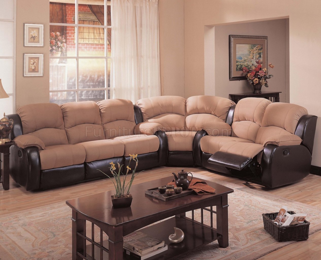 Two-Tone Mocha & Dark Brown Modern Reclining Sectional Sofa - Click Image to Close