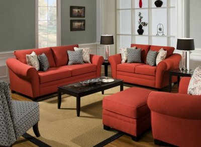 Red Fabric Modern Sofa & Loveseat Set w/Accent Pillows