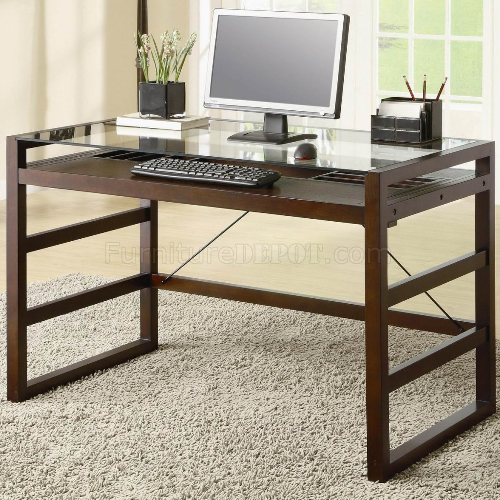 Dark Cherry Finish Modern Glass Top Home Office Desk w/Options - Click Image to Close