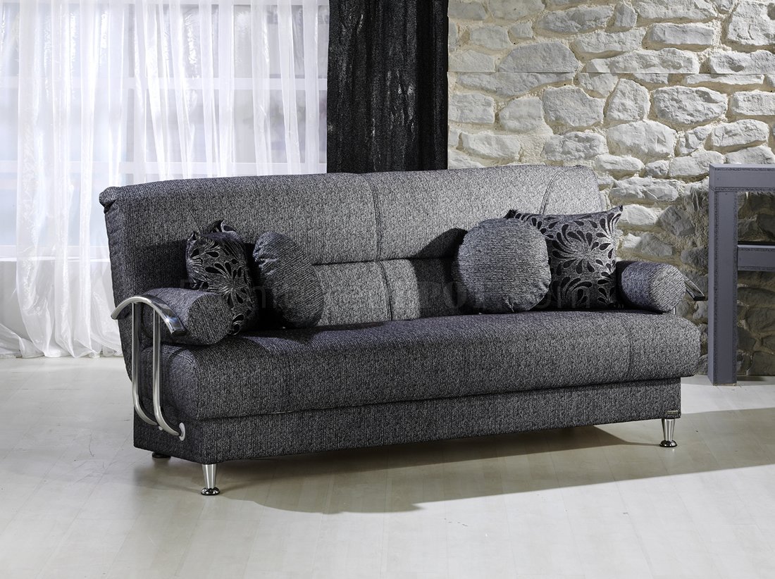 Modern Living Room Wsleeper Sofa And Metal Accents In Grey Fabric