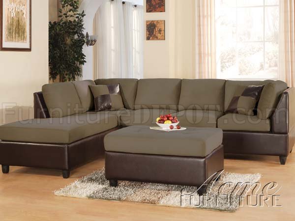 Pebble Fabric & Brown Bycast Leather Two-Tone Sectional Sofa - Click Image to Close
