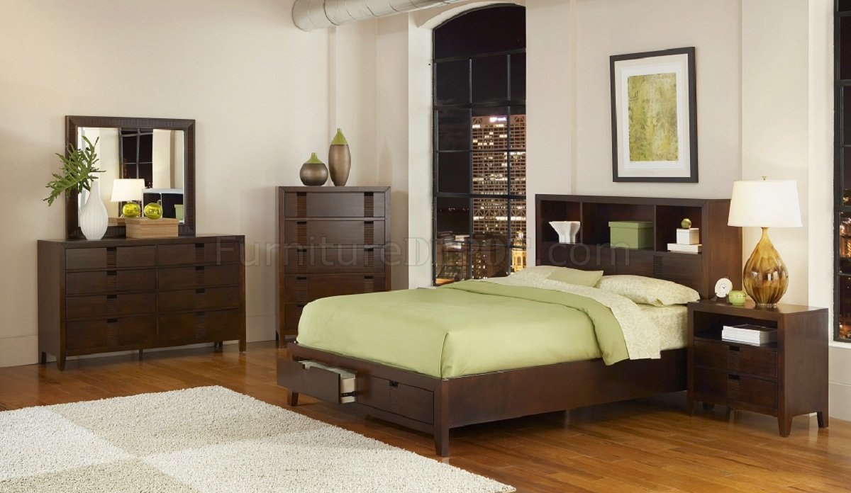 Brown Cherry Finish Modern Platform Bed w/Footboard Storage - Click Image to Close