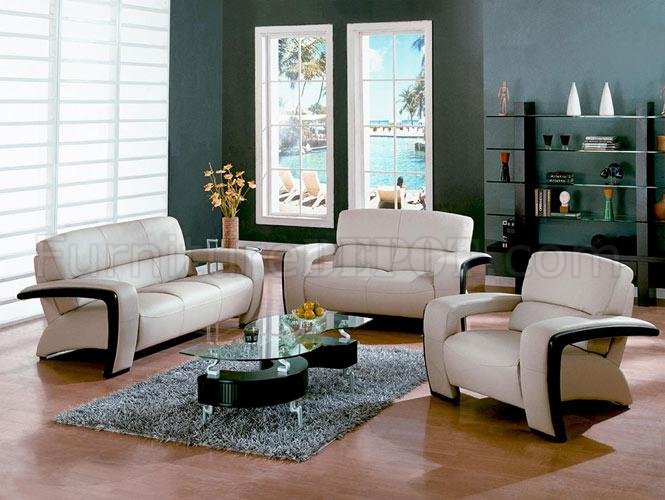Beige Leather Living Room Set, Leather Sofa With Wooden Trim