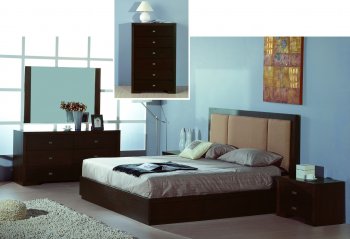 Wenge W/Oak Veneer Modern Bed w/Fabric or Leatherette Headboard [BHBS-Atlas]
