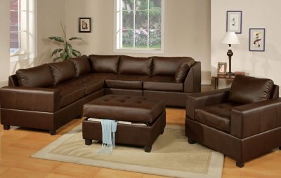 Walnut Bonded Leather 5Pc Modular Sectional Sofa w/Tufted Seats