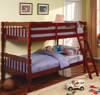 Rich Cherry Finish Casual Twin Over Twin Bunk Bed w/Ladder