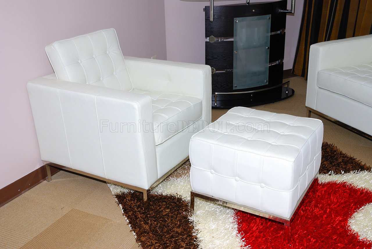 White On Tufted Full Leather Sofa, White Leather Chair With Ottoman