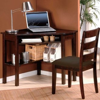 Cherry Finish Home Office Modern Corner Desk & Chair Set