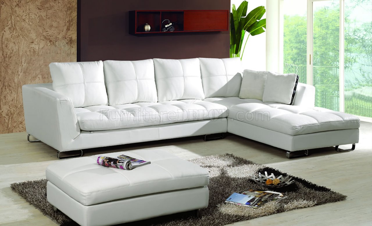 Ivory Full Thick Leather Modern Sectional Sofa W/Curved Legs