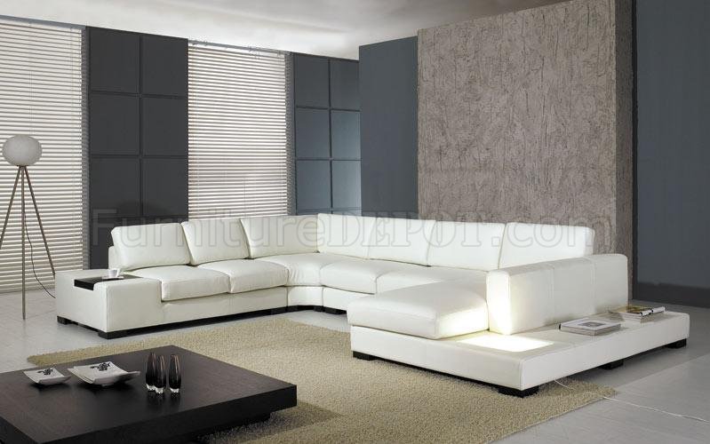 T35 White Bonded Or Half Leather, Modern White Leather Sectional Sofa With Built In Light