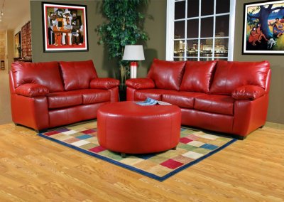 Red Leather-Look Fabric Modern Sofa & Loveseat Set w/Options