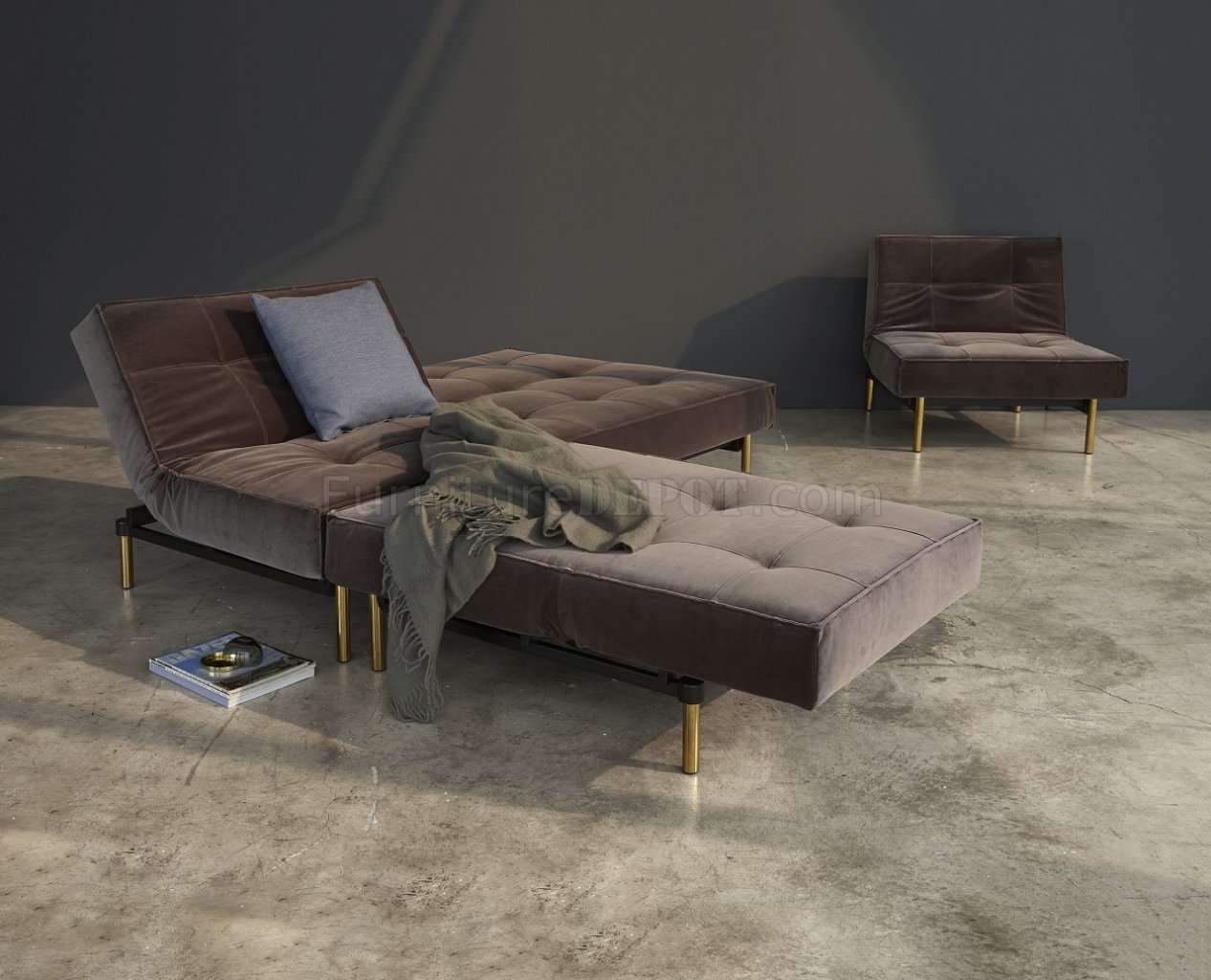 Large quantity classmate cousin Splitback Sofa Bed w/Brass Legs in Velvet by Innovation