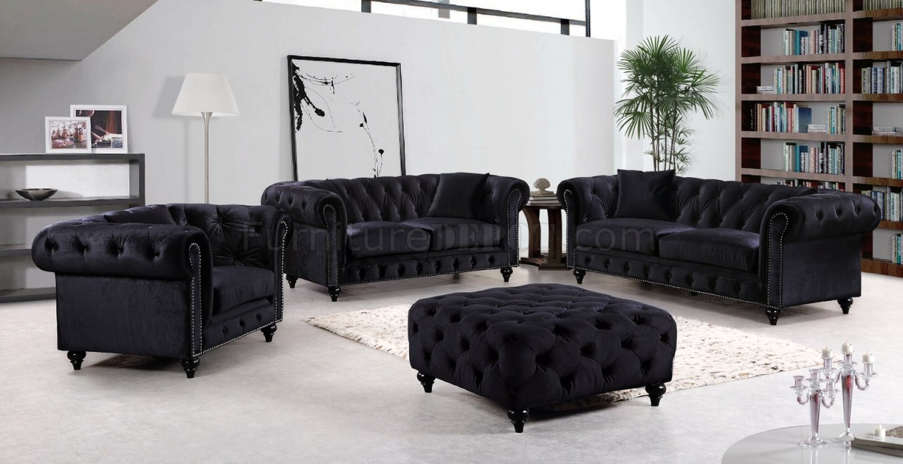 Chesterfield Sofa 662BL in Black Velvet Fabric w/Optional Items - Click Image to Close