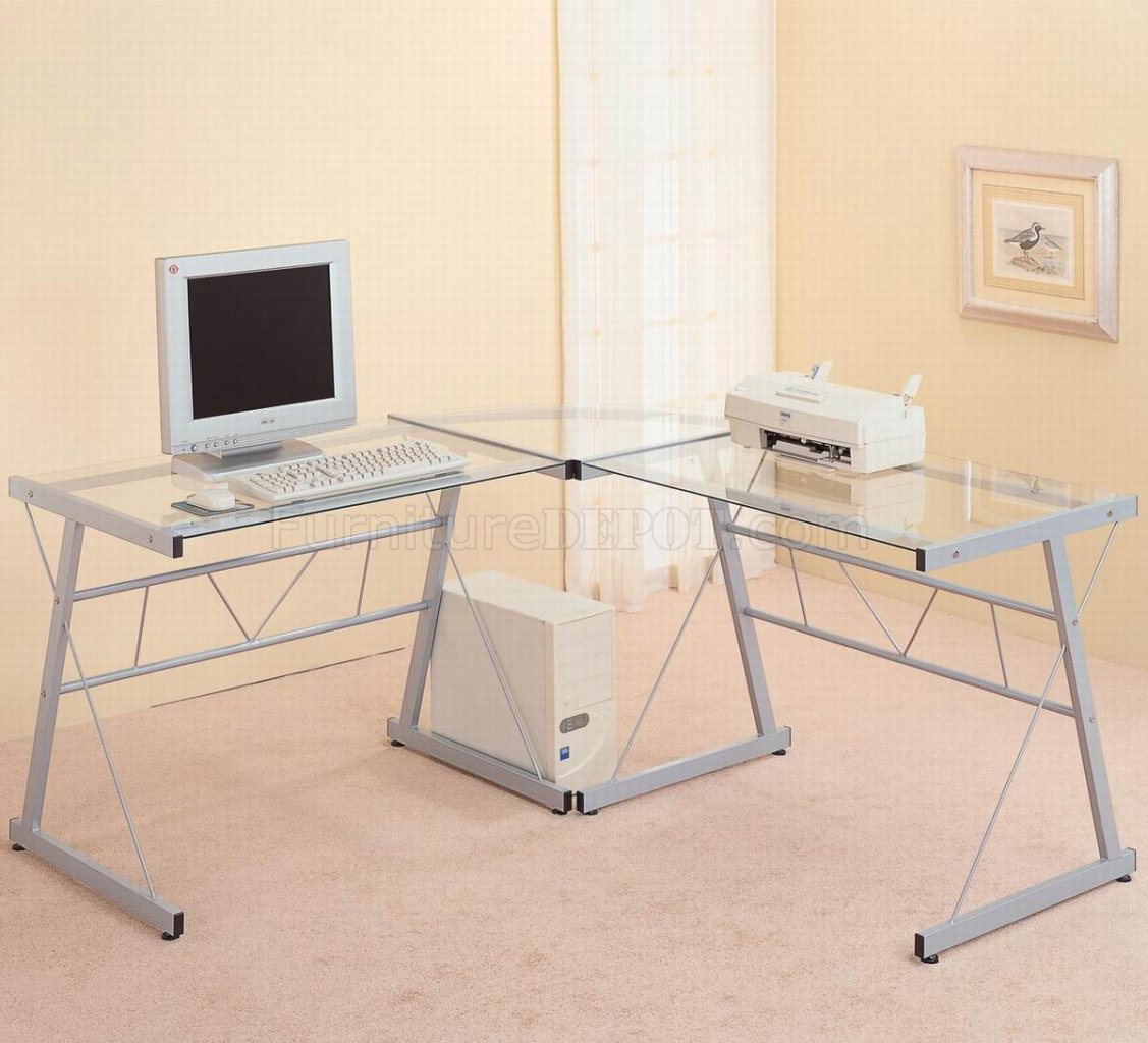 Glass Top Silver Tone Metal Base Modern Home Office Desk