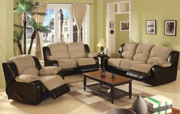 Beige Microfiber Motion Recliner Sofa w/Brown Faux Leather Sides [PXS-F7791]