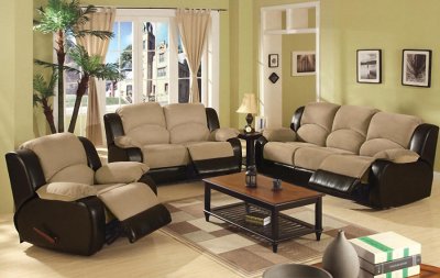 Beige Microfiber Motion Recliner Sofa w/Brown Faux Leather Sides