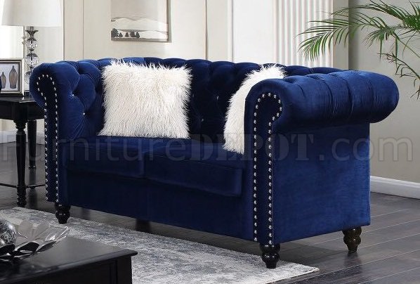 Maya Sofa Loveseat Set In Royal Blue, Royal Blue Velvet Sofa Set