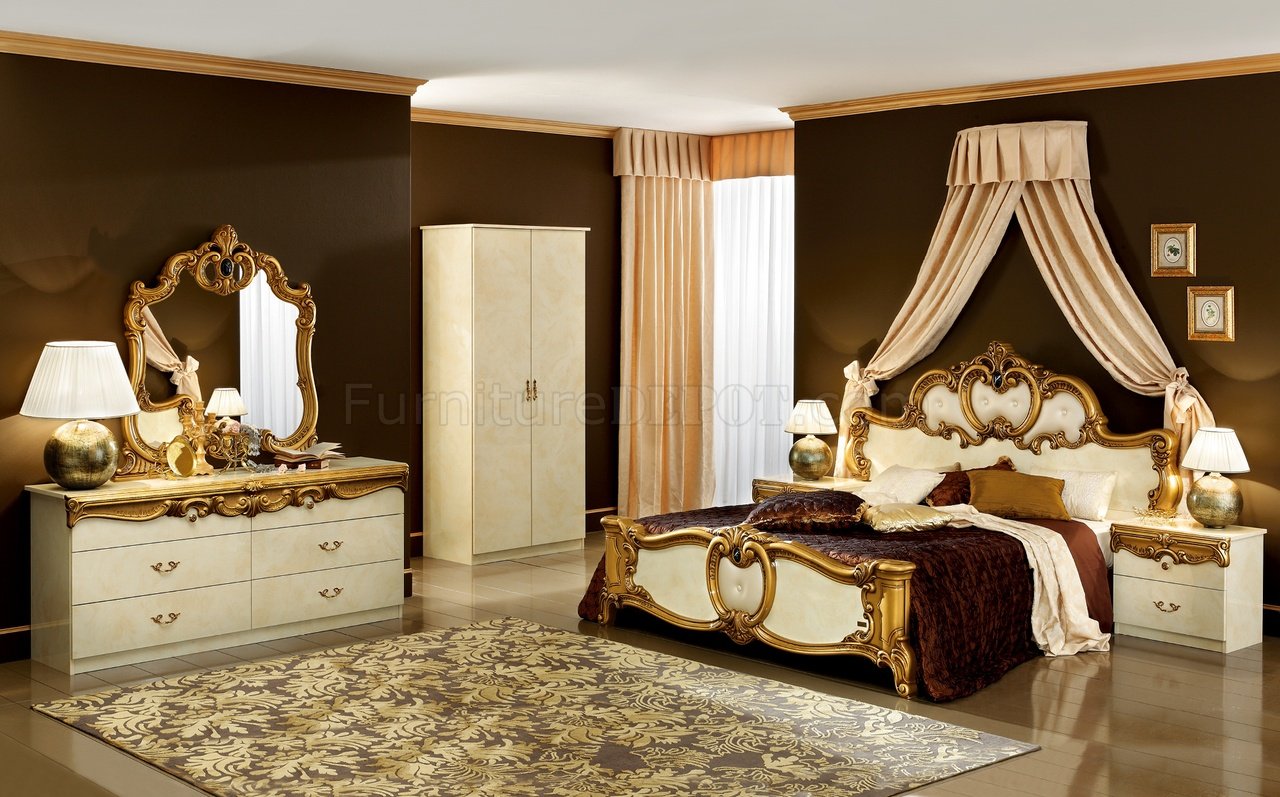 Barocco Ivory & Gold Two-Tone Bedroom w/Optional Case Goods - Click Image to Close
