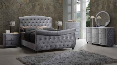 Hudson Bedroom in Grey Velvet Fabric w/Sleigh Bed & Options