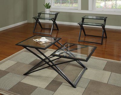 Glass Top & Black Metal Base Modern 3Pc Coffee Table Set