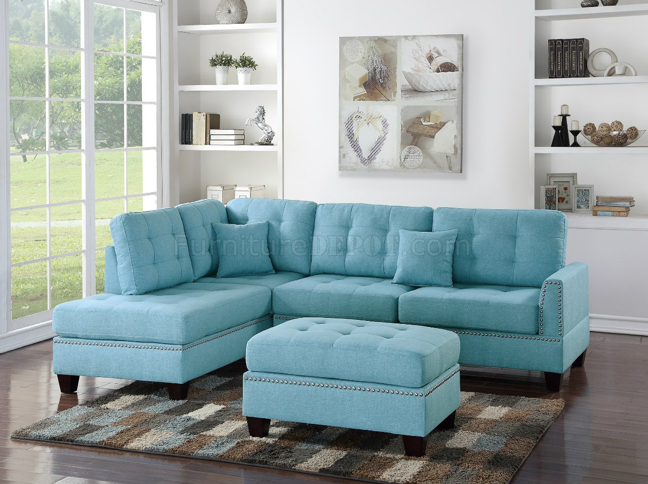 F6505 Sectional Sofa in Light Blue Fabric by Boss w/ Ottoman - Click Image to Close