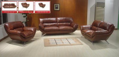 Brown Leather Modern Living Room Sofa w/Metal Legs