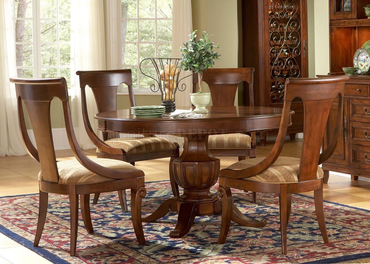 Medium Brown Cherry Finish Round Dining Table w/Pedestal Base - Click Image to Close