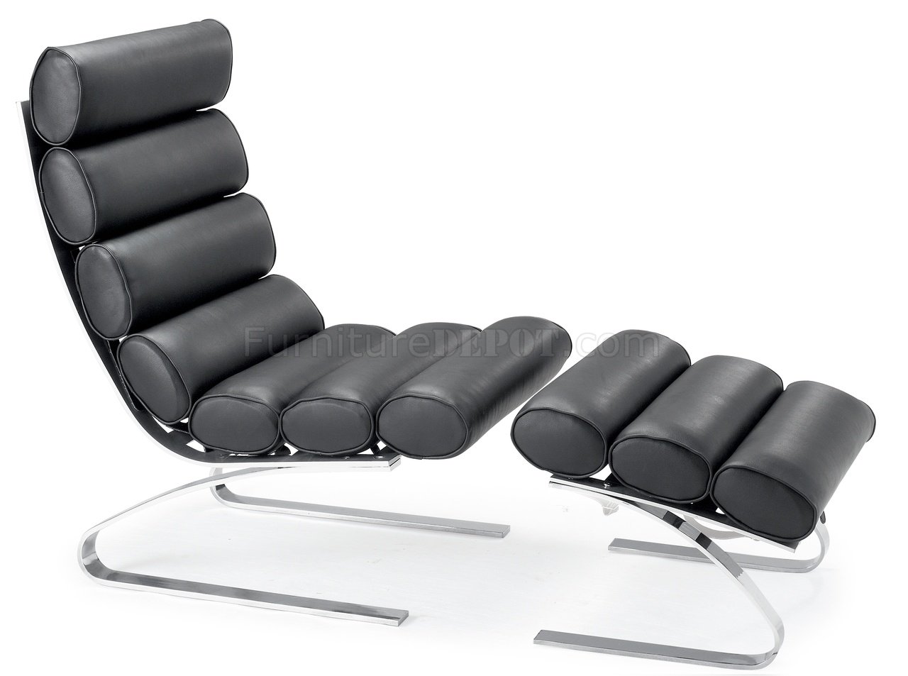 Black Leatherette Chaise w/Bolster Cushions & Steel Chrome Base - Click Image to Close