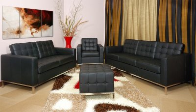 Button-Tufted Black Full Leather Grande Sofa, Loveseat & Ottoman