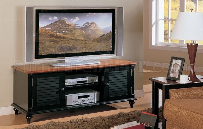 Two-Tone Antique Black & Oak Finish TV Stand w/Storage Cabinets - Click Image to Close