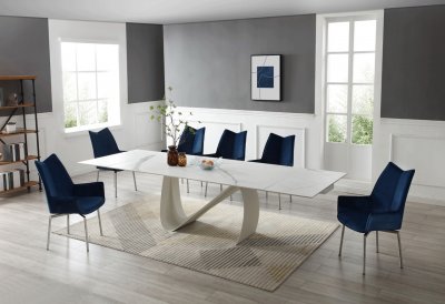 9087 Dining Table White by ESF w/Optional 1218 Navy Blue Chairs