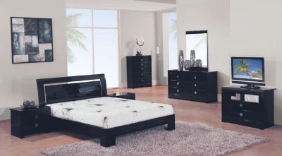 Black High Gloss Finish Modern Bedroom w/Metal Accents