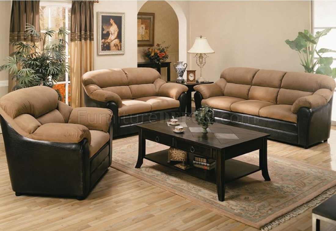 Two Tone Mocha Contemporary Living Room, Faux Leather Living Room Furniture