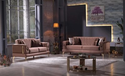 FD517 Sofa Bed & Loveseat Set in Brown Fabric by FDF
