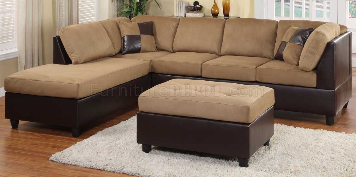 Light Brown Microfiber Modern Sectional, Modern Sectional Sofa With Ottoman Set