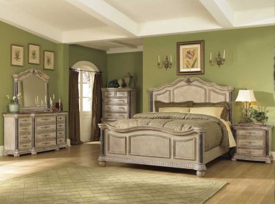 White Wash Finish Classic 5Pc Bedroom Set w/Marble Tops & Posts