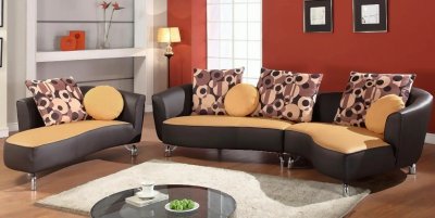 Two-Tone Bonded Leather Sectional Sofa w/Fabric Back & Pillows