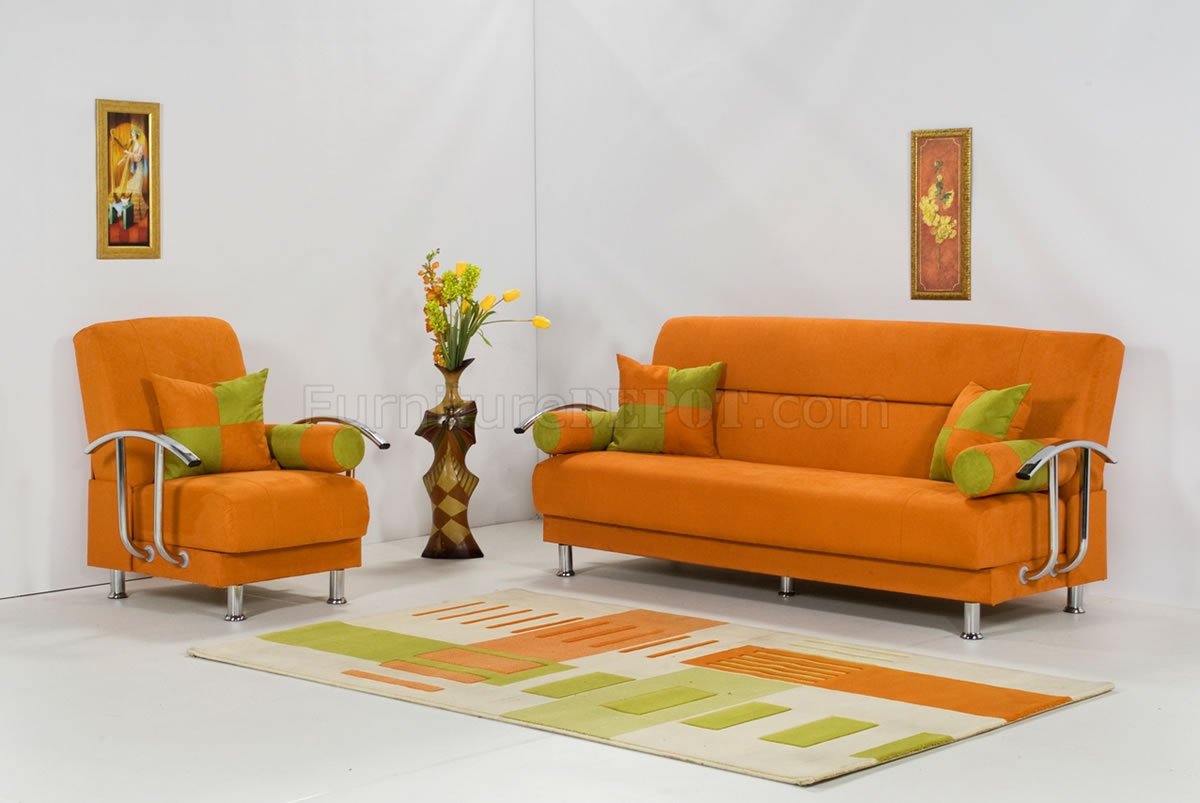 Orange Micrifiber Modern Covertible Sofa Bed w/Optional Chair - Click Image to Close