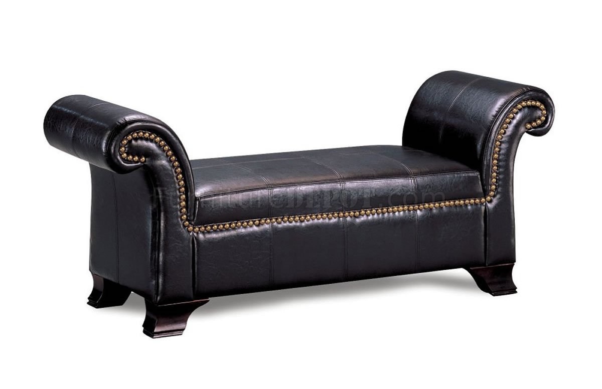 Black Durable Leather Like Vinyl Bench w/Antiqued Nailheads - Click Image to Close