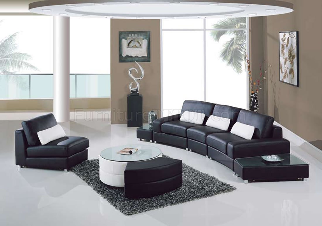 Black Leather Modern 5Pc Sectional Sofa W/Glass Top End Tables