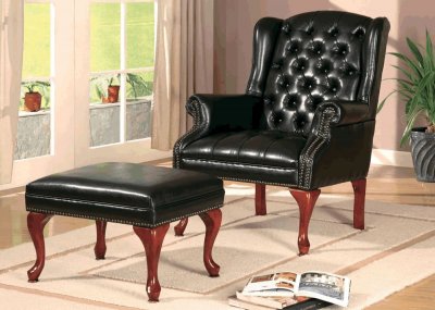 Black Vinyl Button Tufted Wing Chair w/Ottoman